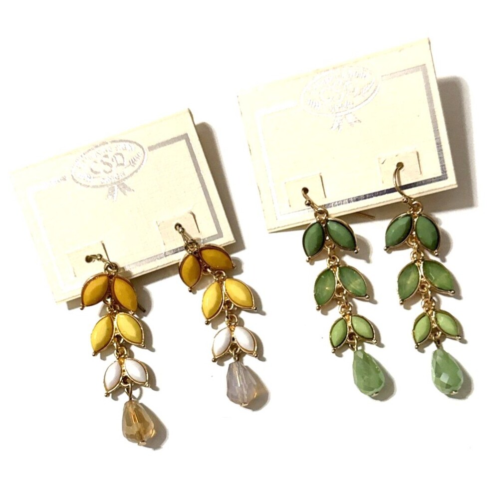 NEW Catherine Stein Floral Dangle Earrings Yellow Green Leaf NWT 2.5" 2 Pair Lot